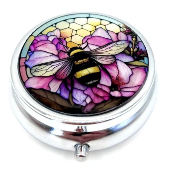 Spring Bee Purple Pink Flowers Floral Honeycomb Purse Travel Decorative Pill Box - Picture 1 of 3